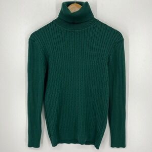 Nine Bull Womens Forest Green Cable Knit Turtleneck Sweater Size M Ribbed Trim